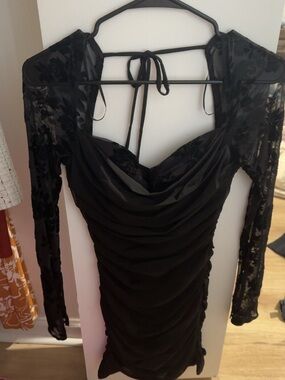 Windsor Black Long-Sleeve Ruched Cowl Dress